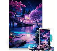 Nighttime Lakeside House Jigsaw Puzzles for Adults1000 Pieces Mind Puzzle Cozy Relax Image Assembly (38x26cm)