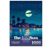 Nighttime Maldives Beach Resort Illustration 1000 Piece Jigsaw Puzzle, Historic Square Architecture, Premium Paper Puzzle, Decorative Artwork for Travel Lovers, Paper Board, 38x26cm/1000pcs