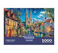 Nighttime Town Challenging Puzzles 1000 Pc - Lit Town with Church by River for Men And Women Recycled Paper Suitable for Wall Decompression52x38cm/1000pcs