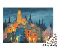 Nighttime Village Scene Thick 1000 Piece Puzzle for Adults Colorful Village Lit Up Under Night Sky Premium Sturdy Vibrant Challenging Difficult Stress Relief 52x38cm/1000pcs