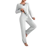 Nightwear For Women Uk Pyjamas, Ribbed Sets For Women, Blouses V Neck Long Sleeve Matching Comfy Long Pants Outfits Regular Fit Home Suit Comfort Sleepwear Cute Pyjama Set Co Ord Set Grey