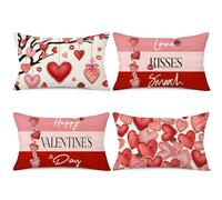 NIGHTWISH Valentine's Day Love Hearts Pillow Covers Set of 4 Red Striped Love Kisses Smooch Valentine Throw Pillow Covers Holiday Cushion Case for Home Decoration (12" x 20")
