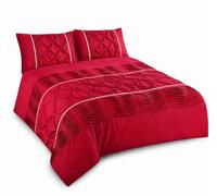 NIGHTZONE Duvet Cover Set Eleanor Pintuck Stripes Luxury Quilt Cover Sets Soft Poly Cotton Easy Care Bedding Set (Red, Double)