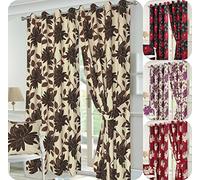 NIGHTZONE Luxury SEREN Pair of fully Lined HALF PANAMA CURTAINS with TIE BACKS Stylish & Multi-Flowers CURTAINS - 5 Colors- UK Sizes (46” X 90”, SEREN- Red)