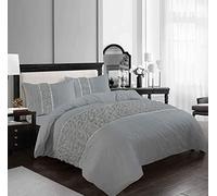 NIGHTZONE Ruffled Diamond Lace Sequence Aurora Luxury Bedding Easy Care Polycotton Duvet Cover Set (Silver, Single)