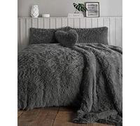 NIGHTZONE Teddy Bear Fleece Long Fur Cuddles Alaska Luxury Duvet Cover Set Warm Cosy Soft Teddy Bedding Set (Charcoal, Super King)