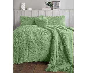 NIGHTZONE Teddy Bear Fleece Long Fur Cuddles Alaska Luxury Duvet Cover Set Warm Cosy Soft Teddy Bedding Set (Double, Sage Green)