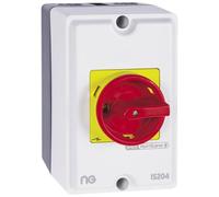 Niglon IS204 20A Rotary Isolator, 4-Pole, IP65 Rated, Red and Yellow Switch, Surface Mount, 126x101x86mm, Lockable Industrial Circuit Breaker