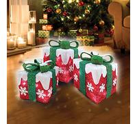 NIGMA Set of 3 LED Battery Powered Light Up Glitter Sparkle Xmas Parcels Present Boxes (Red With Snow + Green Bow)