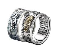 Nihexo FENG Shui PIXIU MANI Mantra Protection Wealth Ring, Pixiu Charms Ring Feng Shui Amulet Wealth Lucky Open Adjustable Ring, for Women Men Gift (Gold+Silver)
