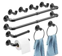 NiHome 10PCS Industrial Pipe Bathroom Towel Bar Set, 2 25" Wall Towel Bars, 2 Towel Rings, 2 Toilet Paper Holders, 4 Robe Hooks, Sturdy Wrought Iron Construction and Black-Coated Rust-Proof Finish