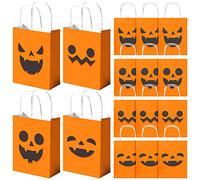 NiHome 16-Pack Halloween Pumpkin Kraft Paper Treat Bags with Handles - Assorted Jack-o'-lantern Designs for Trick or Treat, Party Favors, Candy, Cookies, and Gifts