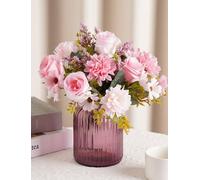 NiHome 2 Bunches Pink Silk Artificial Flowers Bouquet for Home Décor, Roses, Chrysanthemums & Sunflowers Arrangement with Flexible Stems, Wedding Table Centerpieces