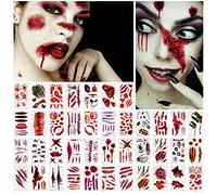 NiHome 40 Sheets Halloween Horror Removable Realistic Fake Temporary Tattoo Set, Zombie Costume Cosplay Blood Wound Bleeding Scar Variety Party Makeup Face Decals Prank Supplies