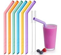 NiHome 6-Pack Extra Wide Reusable Bent Silicone Straws for Boba, Smoothies, Bubble Tea, Eco-Friendly & Colorful for Thick Drinks, Child-Safe with Customizable Length, Brush Included for Easy Cleaning