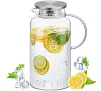 NiHome 68oz/2L Clear Glass Pitcher with Stainless Steel Lid for Iced Tea, Juice, Coffee, Sangria, Milk & More, Dishwasher Safe Heat-Resistant Borosilicate Glass Water Jug, Smooth Pouring and Straining