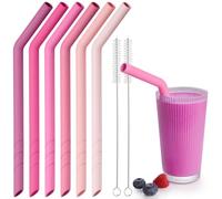 NiHome 6PCS Extra Wide Reusable Bent Silicone Straws for Boba, Smoothies, Bubble Tea, Eco-Friendly Bent Straws for Thick Drinks, Child-Safe, Customizable Length, 2 Brushes for Cleaning (Pink Gradient)