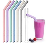 NiHome 6PCS Extra Wide Reusable Bent Silicone Straws for Boba, Smoothies, Bubble Tea, Eco-Friendly Bent Straws for Thick Drinks, Child-Safe, Customizable Length, 2 Brushes Easy Cleaning (Macaron)