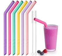 NiHome 6PCS Extra Wide Reusable Bent Silicone Straws for Boba, Smoothies, Bubble Tea, Eco-Friendly Bent Straws for Thick Drinks, Child-Safe, Customizable Length, 2 Brushes for Cleaning (Girl Colors)