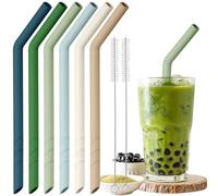 NiHome 6PCS Extra Wide Reusable Bent Silicone Straws for Boba, Smoothies, Bubble Tea, Eco-Friendly Bent Straws for Thick Drinks, Child-Safe, Customizable Length, 2 Brushes for Cleaning (Nature Colors)
