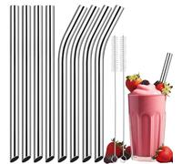 NiHome 8-Pack Stainless Steel Smoothie/Milkshake Straws, 0.5'' Extra Wide Reusable Metal Straw, Extra Long Straight & Bent Drinking Straws for Boba, Thick Beverages, Cold Drinks, 2 Brushes (Silver)