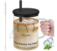 NiHome 975ml/33oz Glass Handle Cup with Silicone Lid and Straw for Daily Hydration, Large Capacity for Hot Tea, Iced Coffee, Smoothies, Ergonomic Design with Modern Minimalist Clock Pattern