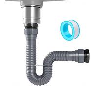 NiHome Expandable Flexible P-Trap Pipe 1 1/2" or 1 1/4" for Kitchen Sink Waste, with Adapter Sealing Ring and Tape, Sink Waste Trap for Kitchen Sink Drain & Garbage Disposal,Grey
