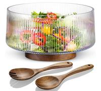 NiHome Extra Large 4500ML Glass Salad Bowl with Natural Acacia Wood Base & Wooden Salad Servers for Family Dinners, Parties, Gatherings, Multipurpose Oversized Glass Bowl for Salads