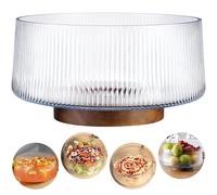 NiHome Extra Large Glass Salad Bowl with Natural Acacia Wood Base, Ribbed Design Oversized Capacity for Family Dinners, Parties & Gatherings, Multipurpose for Serving Salads, Fruits, Wine