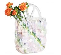 NiHome Glass Purse Vase Iridescent Glass Bag Vase with Handle Handbag Shape Vase for Flowers Farmhouse Decor Handmade Wide Mouth Glass Vase for Office Home Living Room Dining Table Decor