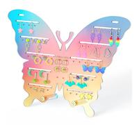 NiHome Iridescent Acrylic Butterfly Stud Earring Organizer Rack, 50 Holes & 54 Slots Wall Hanging or Tabletop Jewelry Display Stand, 9x7 Inch Durable Multicolored Jewelry Holder with Crystal Supports