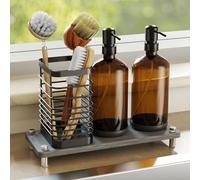 NiHome Kitchen Countertop Dish Soap and Hand Soap Dispensers with Diatomaceous Earth Drying Tray, 2 Amber Glass Bottles Black Stainless Steel Pumps, Stainless Steel Brush Holder, 2 Gold Label Stickers