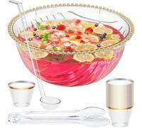NiHome Large Plastic Punch Bowl with Ladle, Tongs and 25 Gold-Rimmed Cups for Wedding, Birthday, BBQ, Baby Shower, Holiday, 1.7 Gallon Reusable Clear Party Bowl Set for Drinks, Salads, Snacks & More