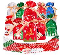 NiHome Merry Christmas Drawstring Gift Bag with Golden Ribbon 10 Designs for Candy, Cookies, Small Gifts 50-Pack, Food Safe EVA Material with Assorted Holiday Patterns for Decorations & Parties, Set 1