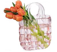 NiHome Pink Handbag Shaped Glass Vase with Handle for Flowers, Farmhouse Decoration, Wide Mouth Glass Vase for Desk, Home, Living Room, Dining Table