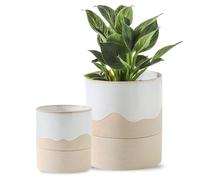 Nihow Self Watering Ceramic Planter, 4.5+6 Inch, White & Nature
