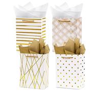 Nihuecne 9" Medium Gift Bags with Tissue Paper, 4 Pack White Gold Wrap Paper Gift Bags with Handles for Shopping, Parties, Wedding, Baby Shower, Holiday Presents 4 Designs