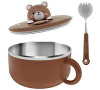 NIHUIFDPY 1200ml Ramen Bowl with Handle and Lid, Sealed Ramen Cooker Bowl with Fork, Insulated Noodle Bowl with Air Holes, Round Noodles Soup Bowl, Salad Box for Office College (Brown)