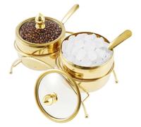 NIHUIFDPY 2 in 1 Stainless Steel Sugar Bowl Set with Clear Glass Lid & Holder, Rustproof Vintage Gold Seasoning Box,Compact Salt Bowl Spice Jars Set for Salt Candy Pepper Paprika