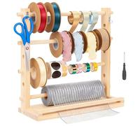 NIHUIFDPY 4 Tier Ribbon Organizer Rack, Wooden Ribbon Spool Holder Storage for Mesh Wreath Bow Washi Tape Art Supply Rack for Craft Room Florist Art Wrapping Present
