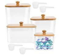 NIHUIFDPY 4Pcs Laundry Detergent Storage, 3 Sizes Plastic Washing Powder Storage with Bamboo Lid and 50ml Spoon, Clear Bathroom Laundry Pod Storage Container for Washing Pods,Bath Bombs,Scent Booster