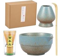 NIHUIFDPY 5Pcs Matcha Whisk Set, Bamboo Wood & Ceramic, Traditional Matcha Tea Set, Blue, Matcha Whisk, Whisk Holder, Tea Scoop, Bowl with Spout, Whisk Jar