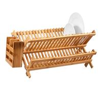 NIHUIFDPY Dish Drying Rack for Kitchen Counter, Collapsible Bamboo Dish Drainer Rack with 20 Slots, 2 Tier Bowl and Plate Holder with Utensil Box for Kitchen