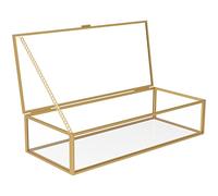 NIHUIFDPY Golden Vintage Glass Lidded Rectangle Box, Decorative Display Case with Mirrored Bottom, Clear Rectangular Desktop Jewelry Organizer Holder for Trinkets, Necklace, Ring, Diamond, Flower