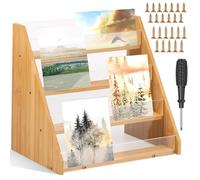 NIHUIFDPY Greeting Card Display Stand Holder Rack Organizer 4 Tier Bamboo & Acrylic Craft Fair Display Rack for Greeting Cards, Leaflets, Postcards, Brochures Photos