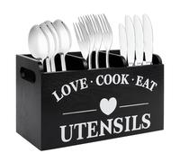 NIHUIFDPY Kitchen Utensils Holder, 3 Compartments Rustic Wooden Cooking Utensil Organizer with Drainage Bottom, Farmhouse Utensil Caddy, Silverware Flatware Organizer Cooking Tools Storage (Black 1)