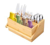 NIHUIFDPY Kitchen Utensils Holder, Bamboo Cooking Utensil Organizer with 4 Compartments and Handle, Farmhouse Utensil Caddy Cooking Tools Storage for Knives Forks or Condiments