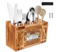 NIHUIFDPY Kitchen Utensils Holder, Kitchen Cooking Utensil Organizer with 3 Compartment and Drainage Bottom, Farmhouse Utensil Caddy, Large Capacity Flatware Organizer for Countertop Decor(Wood)