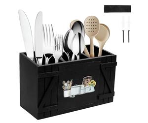 NIHUIFDPY Kitchen Utensils Holder, Kitchen Cooking Utensil Organizer with 3 Compartment and Drainage Bottom, Farmhouse Utensil Caddy, Large Capacity Flatware Organizer for Countertop Decor(Black)