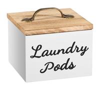 NIHUIFDPY Laundry Powder Bin & Dishwasher Pod Holder, Laundry Detergent Powder Storage Box with Lid & Handles, Wooden Dishwasher Tablets Bin for Home Organization and Storage 14x13x11cm(white)